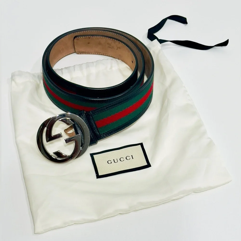 Gucci Web Canvas Black Leather Belt 114984 Silver Interlocking G Buckle 100/40